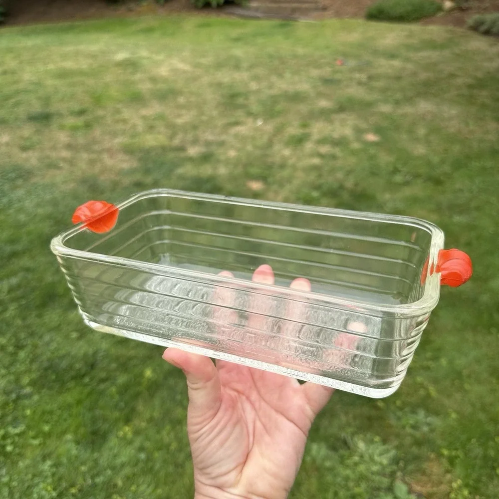 Vintage GLASBAKE #59 Clear Glass Loaf Pan Baking Dish Ornate Orange Handles USA